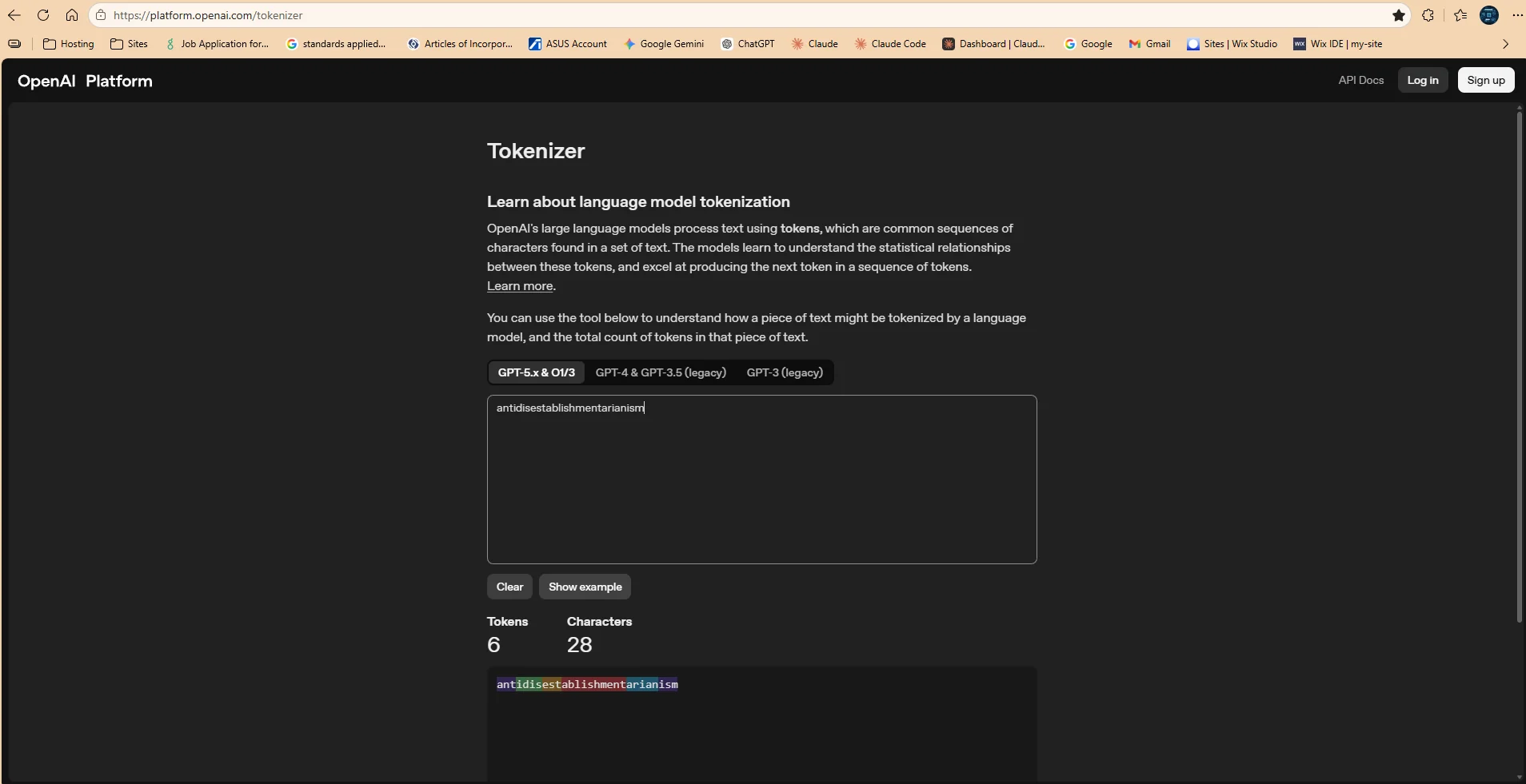 Screenshot of OpenAI's tokenizer at platform.openai.com showing a sample input split into colored token boundaries, with the resulting token count displayed below the text area.